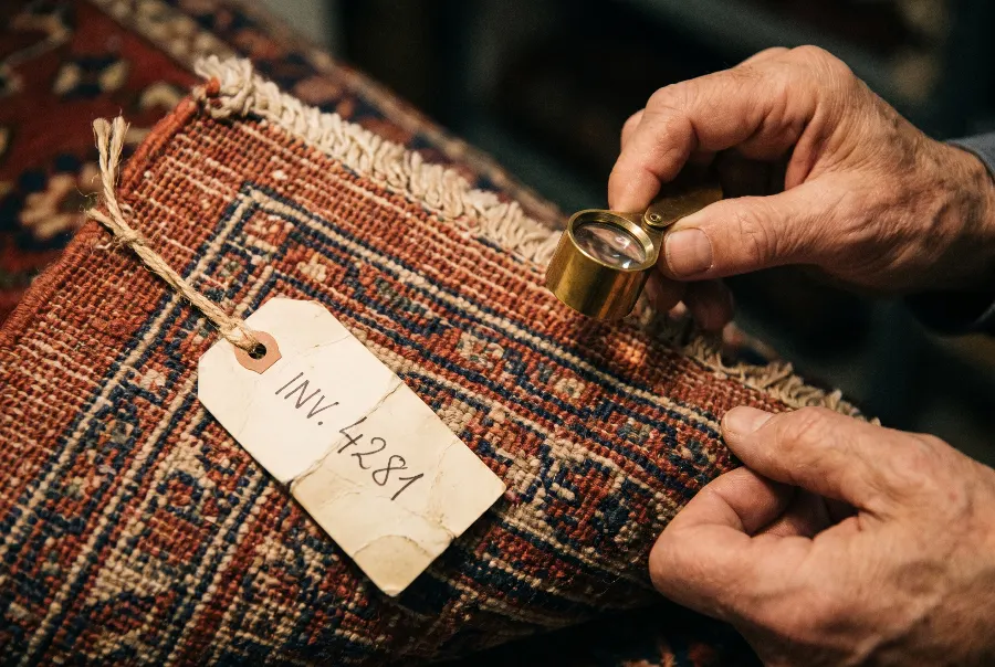 Expertise d’un tapis ancien à la loupe, étiquette d’inventaire